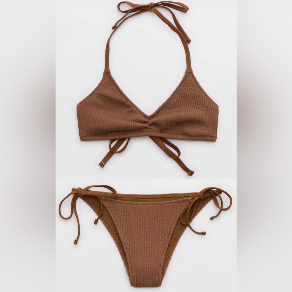 NWT Aerie FULL SET Crinkle Halter Voop Top + Cheekiest Tie Bottom Dark Brown - L